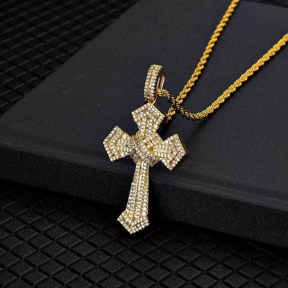 Wholesale Hiphop Cross Copper Zircon Pendant Necklace