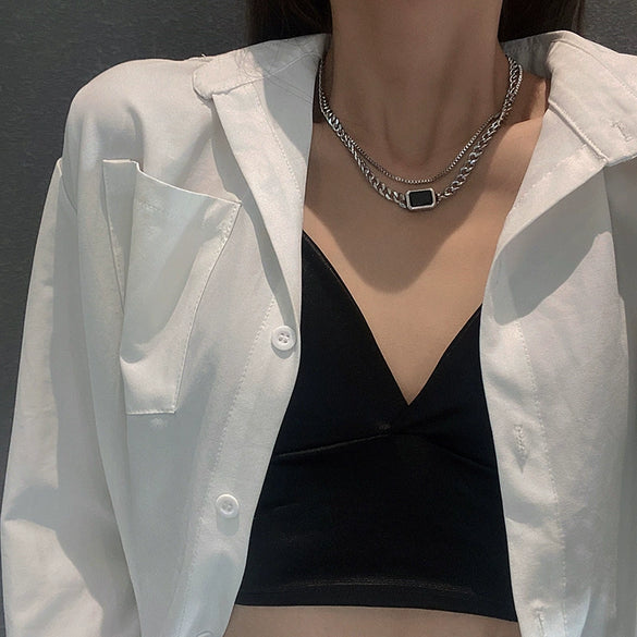Wholesale Hiphop Fashion Stainless Steel Geometric Pendant Clavicle Chain Necklace For Women Electroplated Metal Accessories
