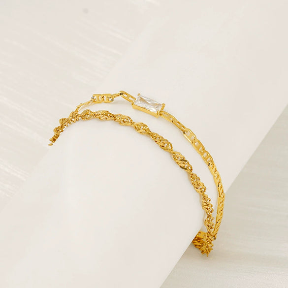 Wholesale Hiphop Geometric Stainless Steel 18K Gold Plated Double Layer Pig Nose Water Wave Chain Zircon Bracelet For Women