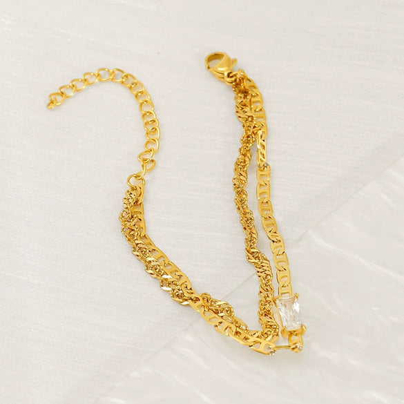 Wholesale Hiphop Geometric Stainless Steel 18K Gold Plated Double Layer Pig Nose Water Wave Chain Zircon Bracelet For Women