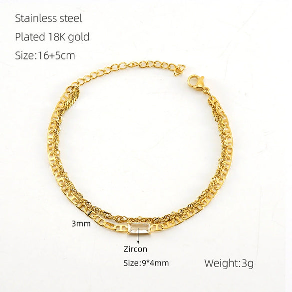 Wholesale Hiphop Geometric Stainless Steel 18K Gold Plated Double Layer Pig Nose Water Wave Chain Zircon Bracelet For Women