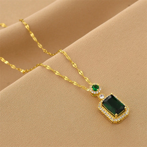 Wholesale Hiphop Jewelry Solid Square Titanium Steel Necklace With Colorful Gemstone Pendant And Geometric Pattern Electroplated For Women