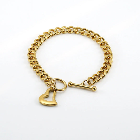 Wholesale Hiphop Stainless Steel And Titanium Steel Heart Pendant Necklace And Bracelet With Electroplating Cuban Chain And Ot Buckle For Women