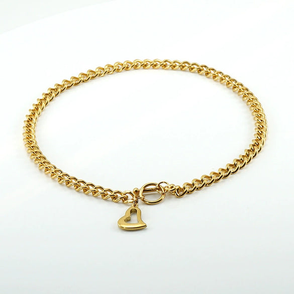 Wholesale Hiphop Stainless Steel And Titanium Steel Heart Pendant Necklace And Bracelet With Electroplating Cuban Chain And Ot Buckle For Women