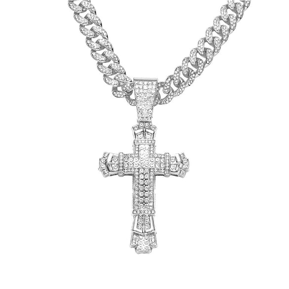 Wholesale Hiphop Style Alloy Cross Pendant Necklace With Diamond And Cuban Chain Geometric Pattern