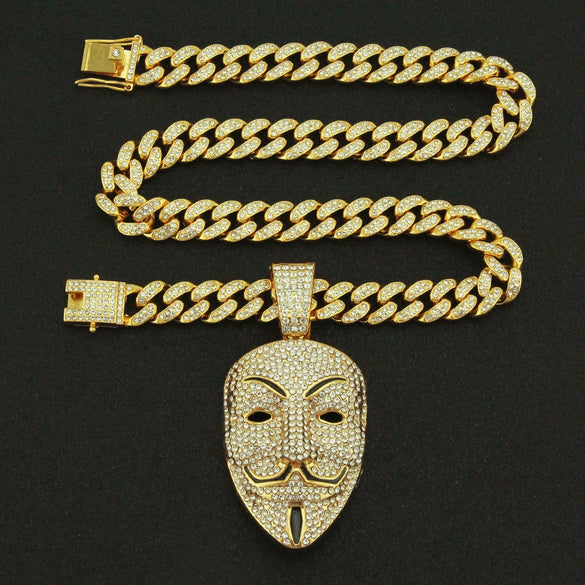 Wholesale Hiphop Style Alloy Mask Pendant Necklace With Geometric Design And Full Diamond Decoration On Cuban Chain