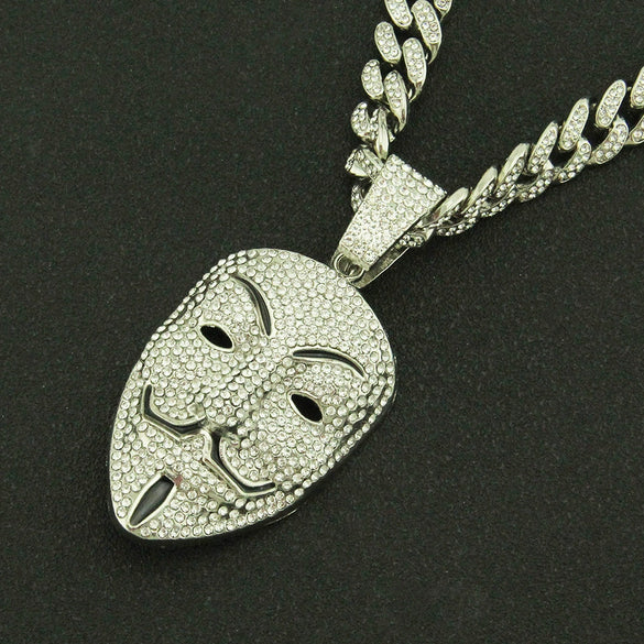 Wholesale Hiphop Style Alloy Mask Pendant Necklace With Geometric Design And Full Diamond Decoration On Cuban Chain