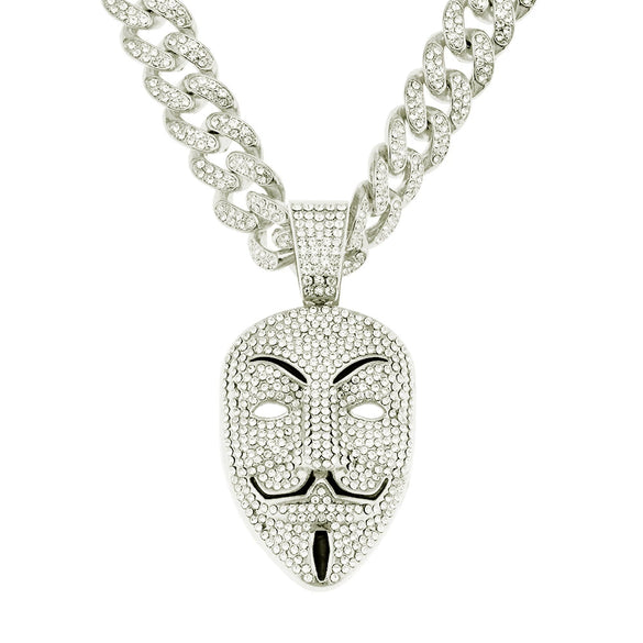 Wholesale Hiphop Style Alloy Mask Pendant Necklace With Geometric Design And Full Diamond Decoration On Cuban Chain