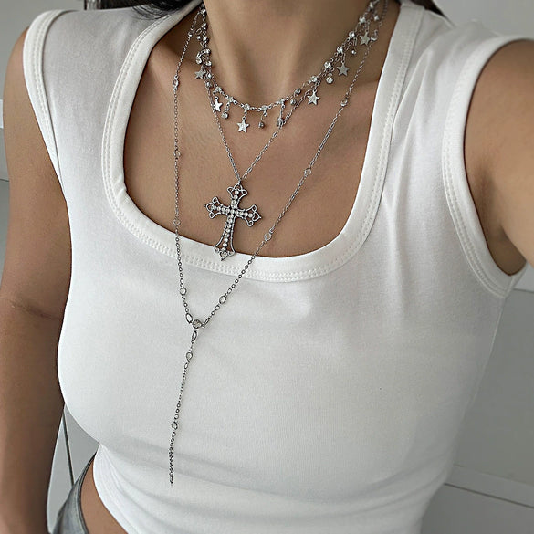Wholesale Hiphop Style Alloy Pendant Long Necklace With Star Shape And Geometric Pattern Electroplated For Women