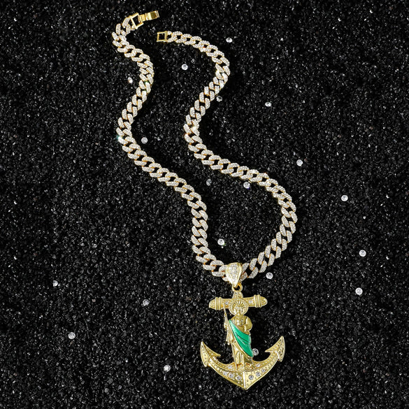Wholesale Hiphop Style Religious Anchor Pendant Necklace Alloy Material Electroplating Treatment Cuban Chain