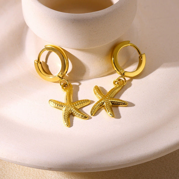 Wholesale Hiphop Style Stainless Steel Animal Zodiac Starfish Conch Pendant Earrings Electroplated