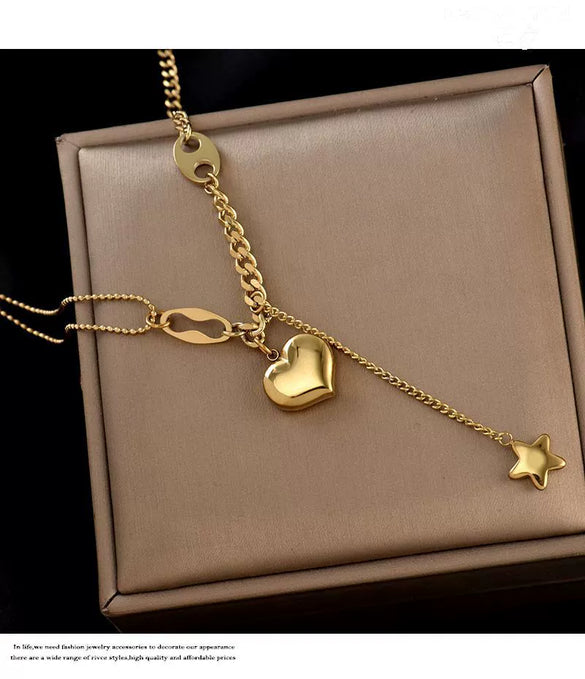 Wholesale Hiphop Threedimensional Peach Heart Titanium Steel Necklace With Fivepointed Star Tassel And Electroplating Treatment For Women