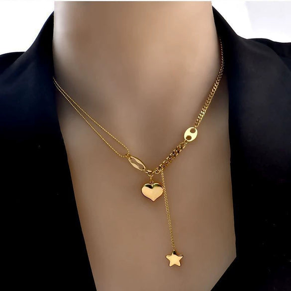 Wholesale Hiphop Threedimensional Peach Heart Titanium Steel Necklace With Fivepointed Star Tassel And Electroplating Treatment For Women