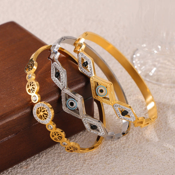 Wholesale Hollow Jewelry Devil's Eye Tree Of Life Diamond Design Sense 316L Stainless Steel Goldplated Bracelet
