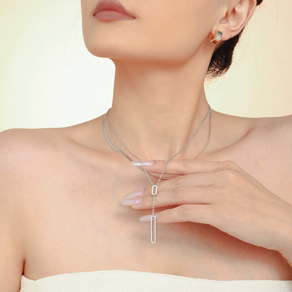 Wholesale Hollow Rectangular Zircon Double Clavicle Necklace For Women Titanium Steel 18K Gold Plated Geometric Style