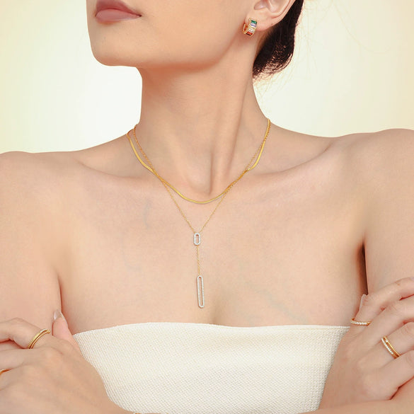 Wholesale Hollow Rectangular Zircon Double Clavicle Necklace For Women Titanium Steel 18K Gold Plated Geometric Style