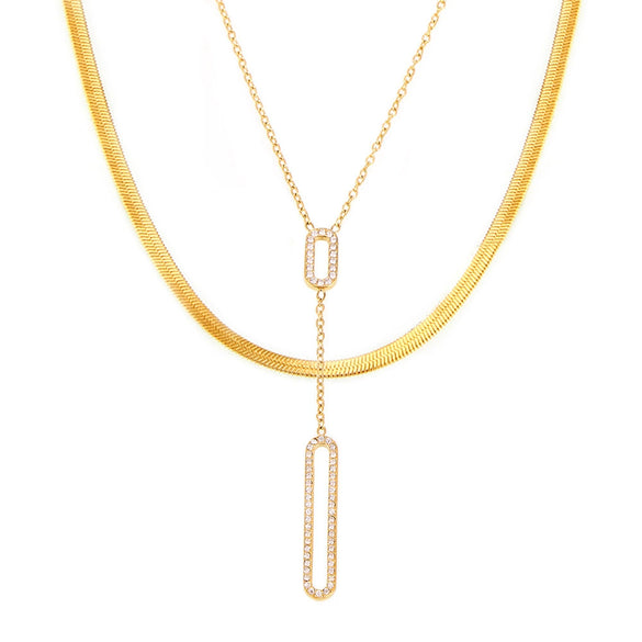 Wholesale Hollow Rectangular Zircon Double Clavicle Necklace For Women Titanium Steel 18K Gold Plated Geometric Style