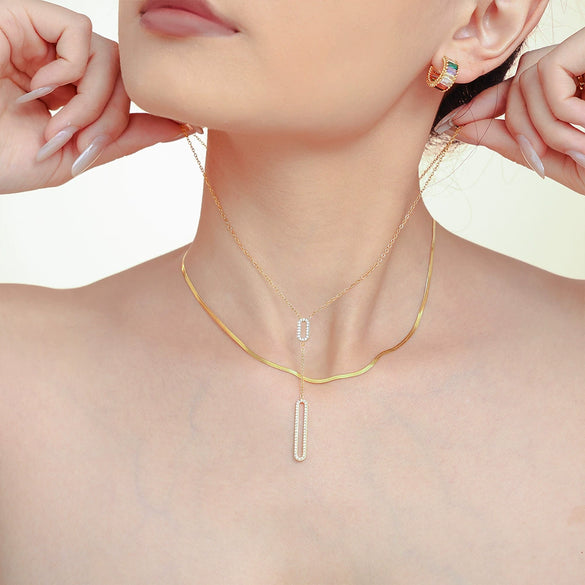 Wholesale Hollow Rectangular Zircon Double Clavicle Necklace For Women Titanium Steel 18K Gold Plated Geometric Style