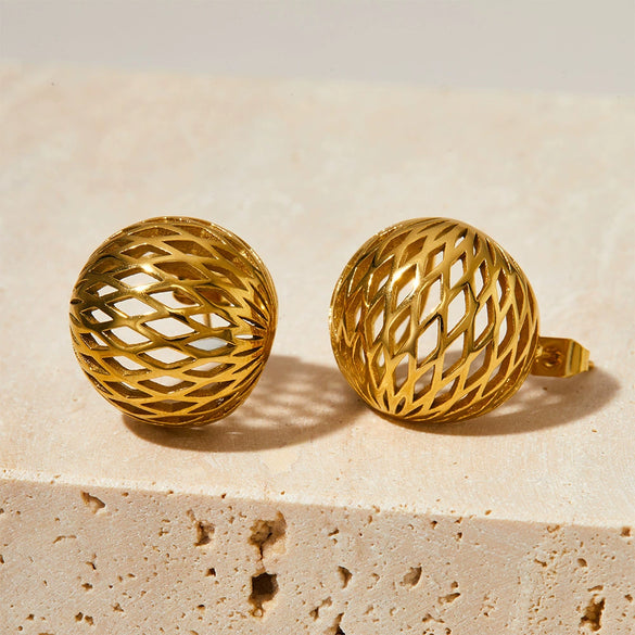 Wholesale Hollow Spherical Stainless Steel Earrings With Metal Mesh Hemisphere Design And Electroplating For Women