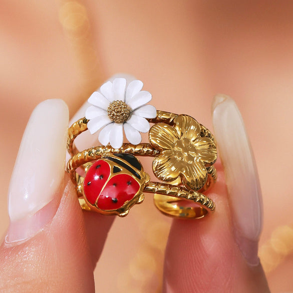 Wholesale Hollow Wide Version Oildropped Zircon Daisy Ladybug Opening Design Stainless Steel Ring With Electroplating For Women
