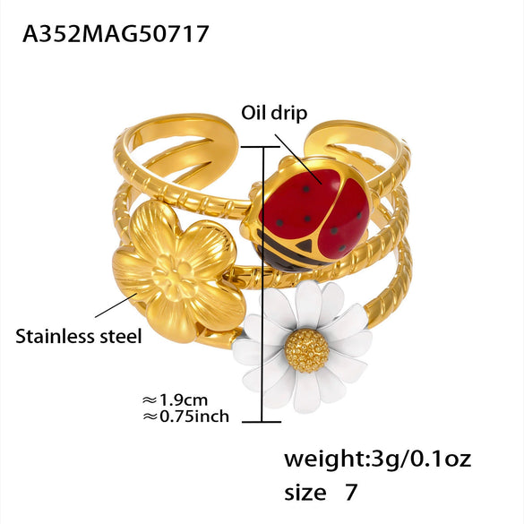 Wholesale Hollow Wide Version Oildropped Zircon Daisy Ladybug Opening Design Stainless Steel Ring With Electroplating For Women