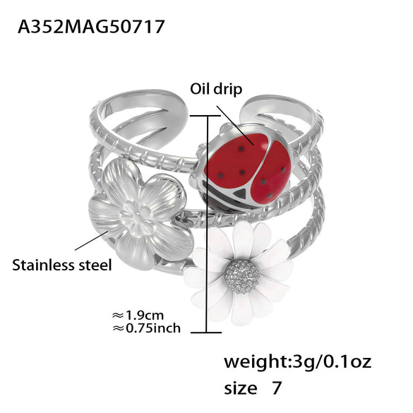 Wholesale Hollow Wide Version Oildropped Zircon Daisy Ladybug Opening Design Stainless Steel Ring With Electroplating For Women