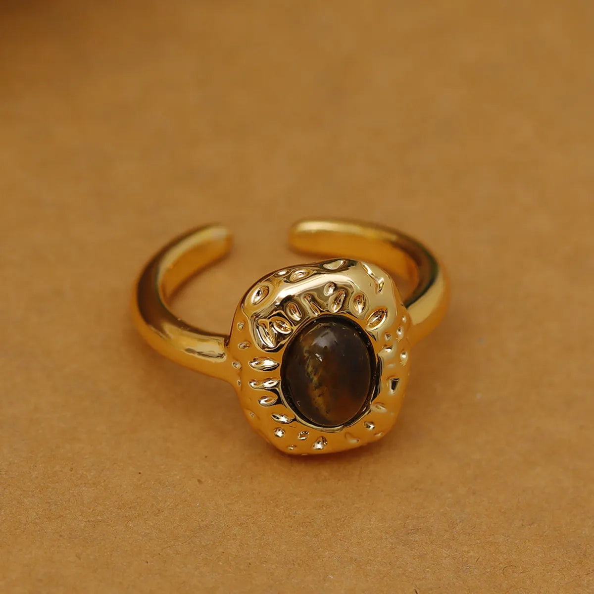 Wholesale IG Style Baroque Style Oval Copper Laser Inlay 18K Gold Plated Tiger Eye Open Rings