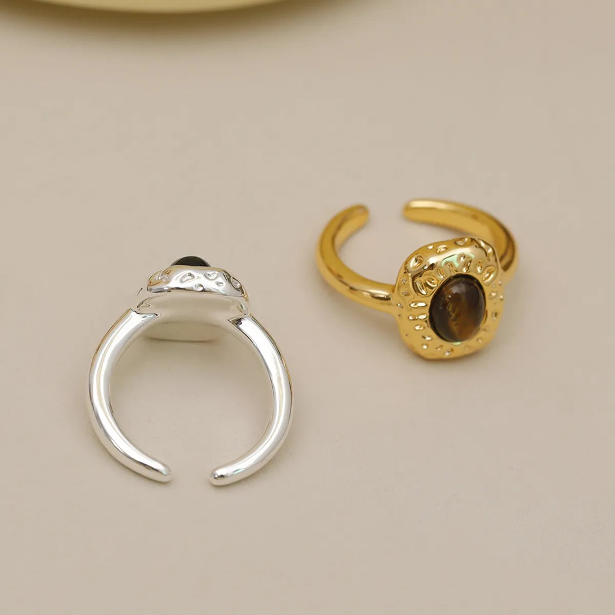 Wholesale IG Style Baroque Style Oval Copper Laser Inlay 18K Gold Plated Tiger Eye Open Rings