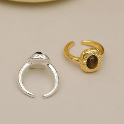 Wholesale IG Style Baroque Style Oval Copper Laser Inlay 18K Gold Plated Tiger Eye Open Rings