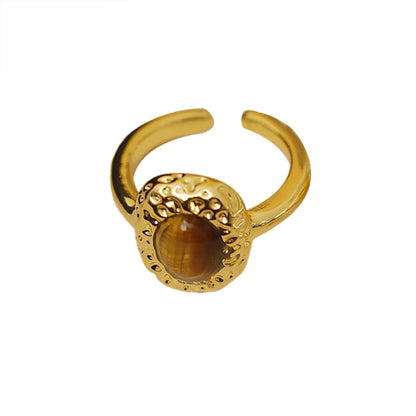 Wholesale IG Style Baroque Style Oval Copper Laser Inlay 18K Gold Plated Tiger Eye Open Rings