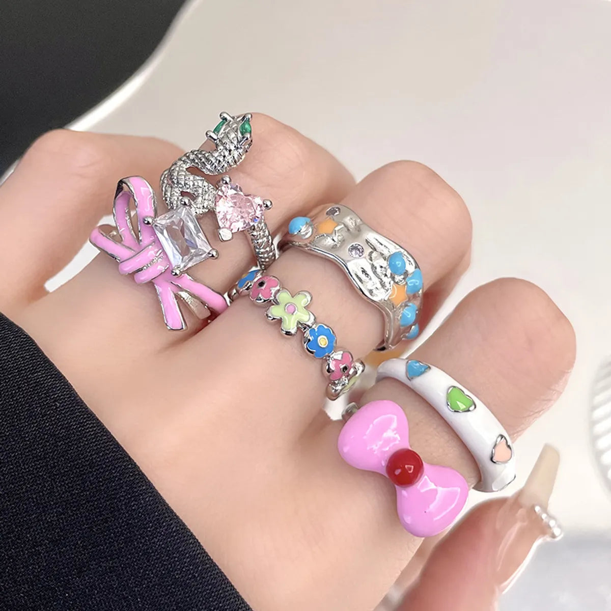 Wholesale IG Style Geometric Copper Enamel Plating Inlay Rhinestones Open Rings