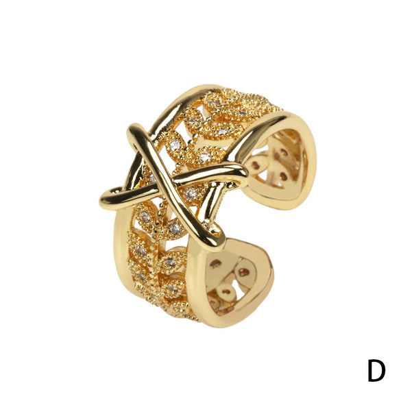 Wholesale IG Style Glam Commute Cross Leaves Copper Hollow Out Inlay 18K Gold Plated Zircon Open Rings