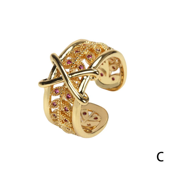 Wholesale IG Style Glam Commute Cross Leaves Copper Hollow Out Inlay 18K Gold Plated Zircon Open Rings