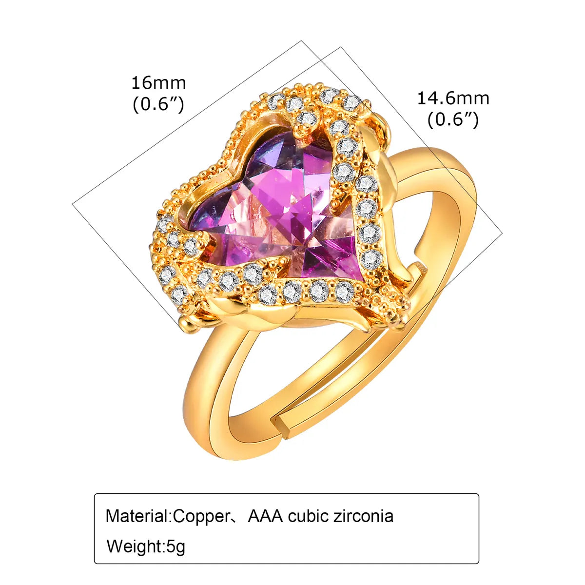 Wholesale IG Style Heart Shape Copper Plating Inlay Zircon Adjustable Ring