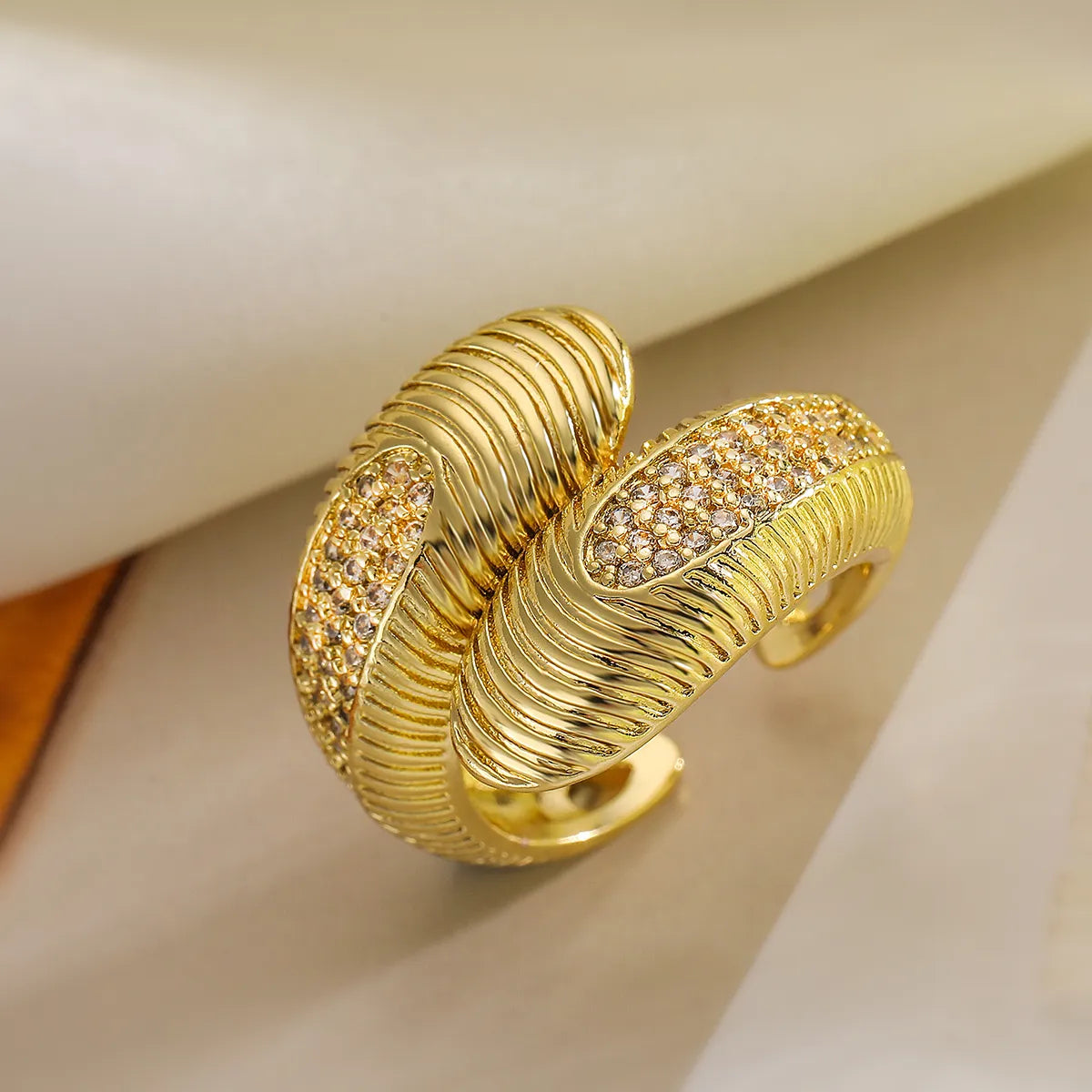 Wholesale IG Style Modern Style Classic Style Geometric Spiral Stripe Copper Inlay 18K Gold Plated Zircon Open Rings