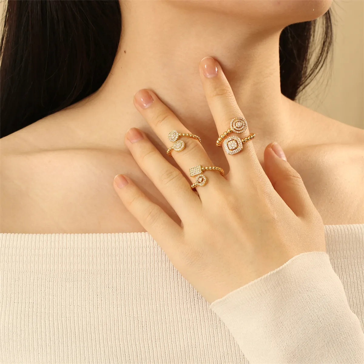 Wholesale IG Style Modern Style Round Square Copper Layered Inlay 18K Gold Plated Zircon Open Rings