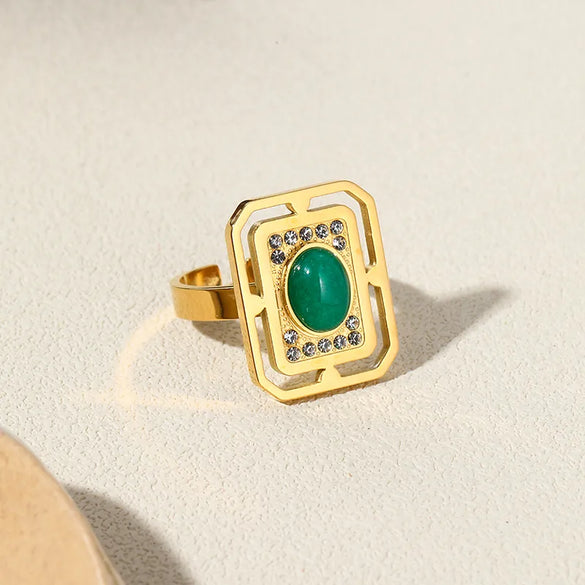 Wholesale Jewelry IG Style Modern Style Square Oval 304 Stainless Steel Natural Stone 18K Gold Plated Plating Inlay Open Rings