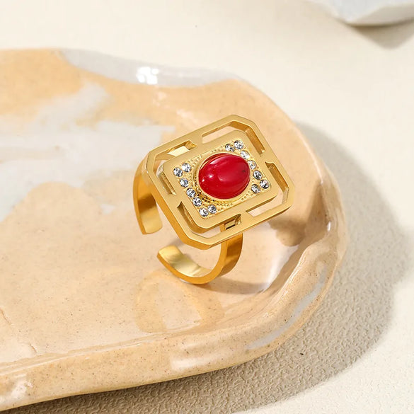 Wholesale Jewelry IG Style Modern Style Square Oval 304 Stainless Steel Natural Stone 18K Gold Plated Plating Inlay Open Rings