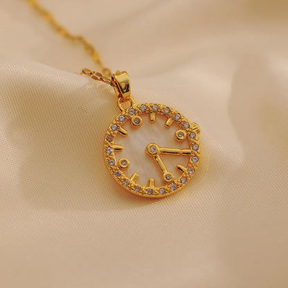 Wholesale IG Style Shiny Clock Titanium Steel Copper Inlay 18K Gold Plated Zircon Pendant Necklace