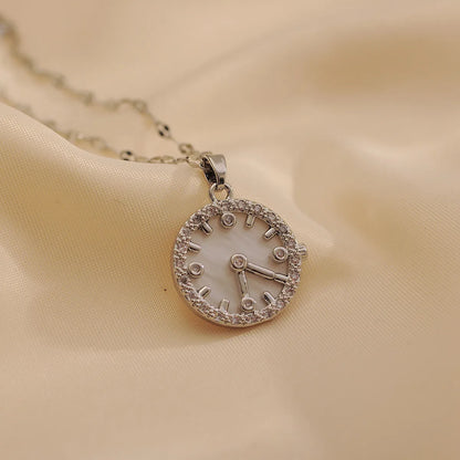 Wholesale IG Style Shiny Clock Titanium Steel Copper Inlay 18K Gold Plated Zircon Pendant Necklace