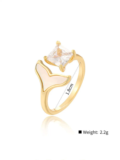 Wholesale IG Style Shiny Heart Shape Fish Tail Copper Asymmetrical Inlay 18K Gold Plated Zircon Open Rings