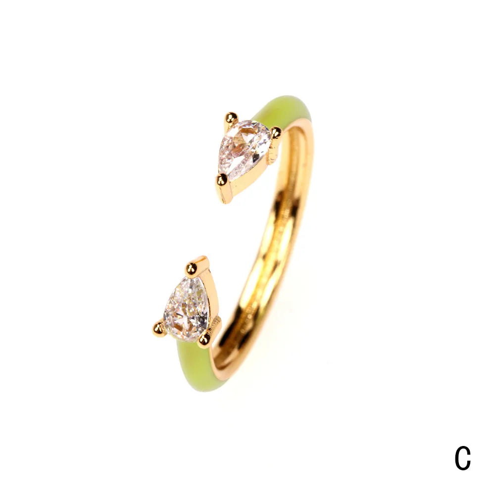 Wholesale IG Style Vacation Beach Water Droplets Copper Enamel Inlay 18K Gold Plated Zircon Open Rings