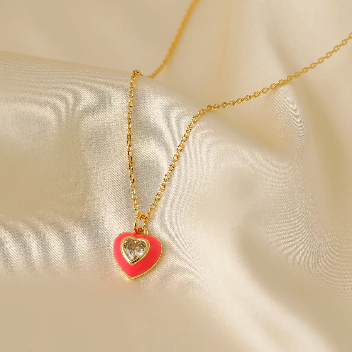 Wholesale IG Style Y2K Vacation Heart Shape Copper Enamel Inlay 18K Gold Plated Zircon Pendant Necklace