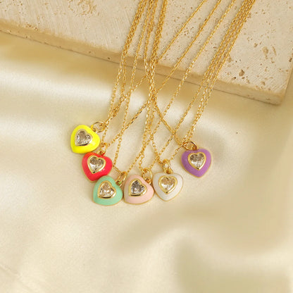 Wholesale IG Style Y2K Vacation Heart Shape Copper Enamel Inlay 18K Gold Plated Zircon Pendant Necklace