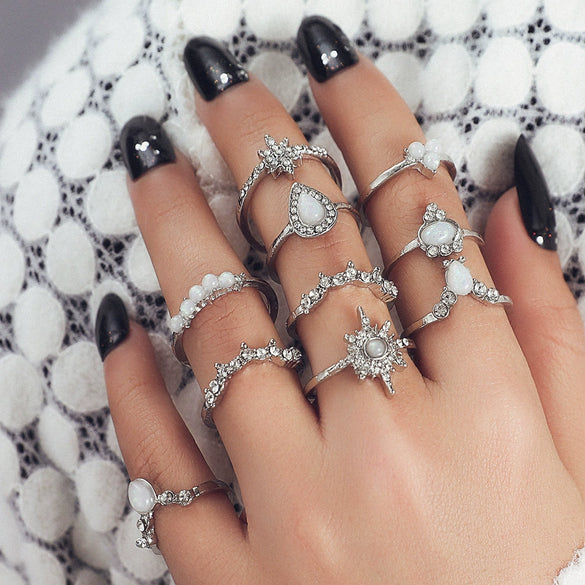 Wholesale Imitation Opal Style Ring Set With Crown Pattern Alloy Rings Electroplated 10Piece Set For Women