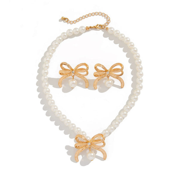 Wholesale Imitation Pearl And Alloy Ball Bead Chain Bow Collarbone Necklace With Electroplating Treatment Light Luxury Style