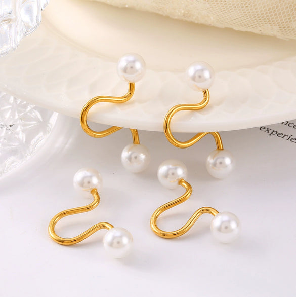 Wholesale Imitation Pearl Ear Clip Cold Niche Style Titanium Steel 18K Gold Plated Geometric Design