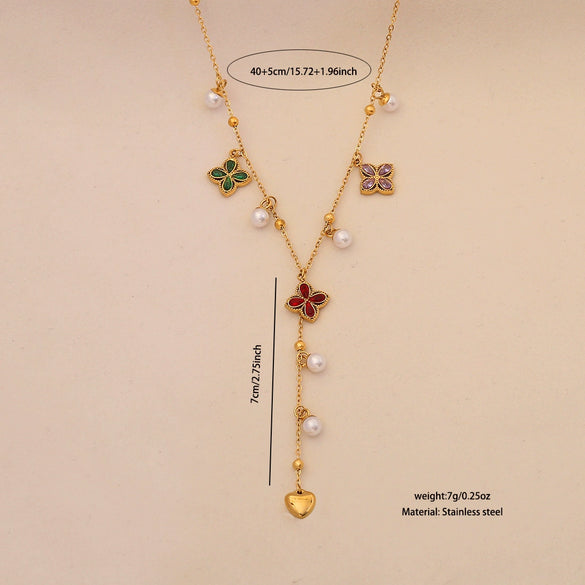 Wholesale Imitation Pearl Flower Stainless Steel Y Shaped Butterfly Necklace With Electroplating For Women