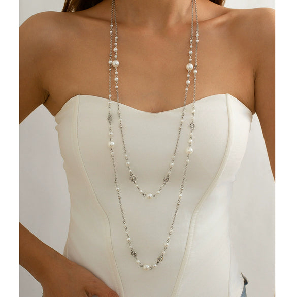 Wholesale Imitation Pearl Long Necklace Retro Style Geometric Star Cross Chain Electroplated