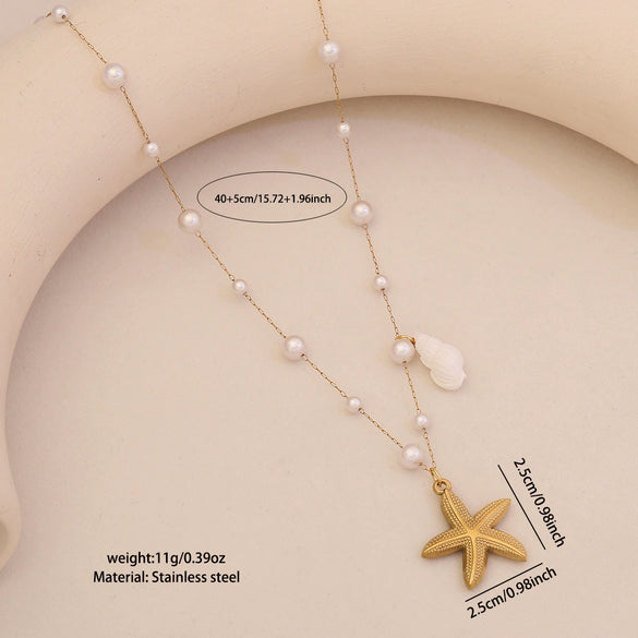 Wholesale Imitation Pearl Necklace With Ocean Shell Starfish Turtle Pendant Stainless Steel Animal Zodiac Jewelry